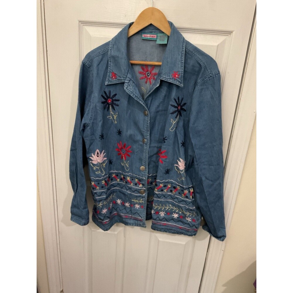 Nectar Floral Embroidered Denim Jacket Women XL Cottagecore Boho Y2K Art